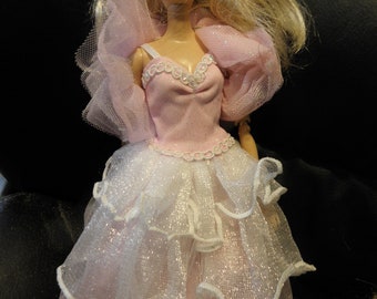 1980s,Mattel Barbie clothes, 4 layered pink gown, outer layers luminous silver white tulle, ruffle VG condition no doll, clothes only