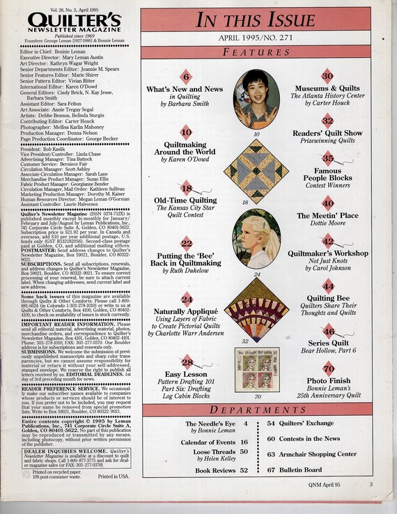 Vintage, Quilters Newsletter, Magazine, April 1995, Vol 26, No 3, Patterns  for Some Great Quilts Inexpensive Shipping - Etsy