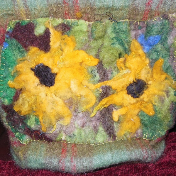 Felted sunflower purse, on woven wool fabric, 14" by 15" body,  zipper closure, lined, 38" leather handle,  inexpensive shipping