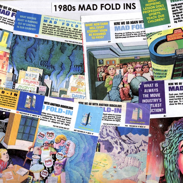 Vintage 1980s, Mad Magazine, Fold Ins, Batch 3, Al Jaffee, PDFs, digital download, 8 covers, at 50 per cent, satire