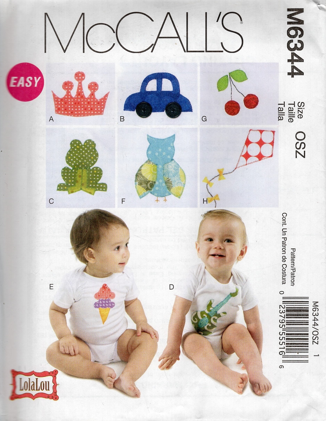 Mccalls, NEW Sewing Pattern, M6344, Babies Onesie, With Applique, Size