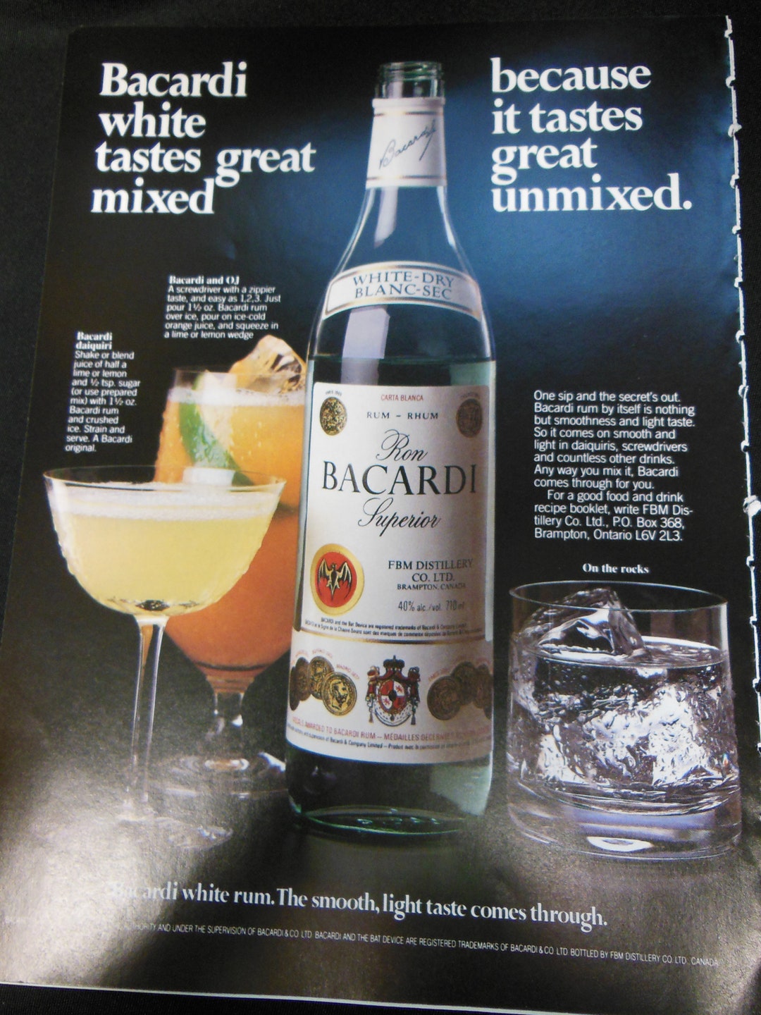 Vint, 1980, Mag Ad, Bacardi White Rum Tastes Great Mixed Because It