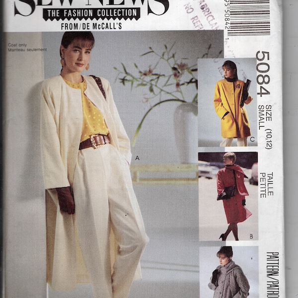 Vintage 1990, new uncut, Ladies sewing pattern, size 10 to 12, coat and scarf, McCalls 5084, sent as tracked package