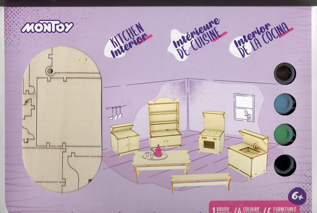 Miniature Furniture Kit, Wood, Scale 1 to 12, 6 Pieces of Furniture