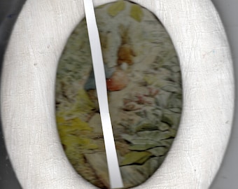 Vintage, Peter Rabbit  7" by 9" oval frame, of hand crafted mulberry paper frame, see 2nd pic for art, Beatrix Potter, inexpensive shipping