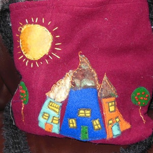 Happy Felted  Elf Village purse, 10" square felted wool, appliqued and embroidered onto upcycled base, shoulder handle, inexpensive shipping