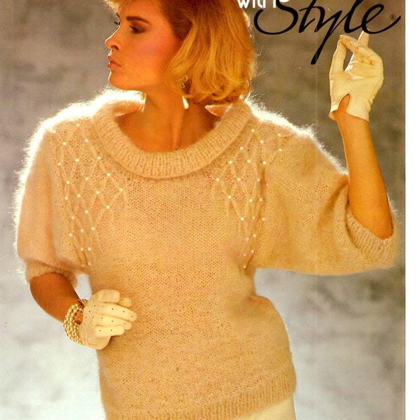 Vintage 1986, Knitting with Style, Ladies, mohair beaded sweater, roll collar, plasticized pattern,  bust 32 to 38"