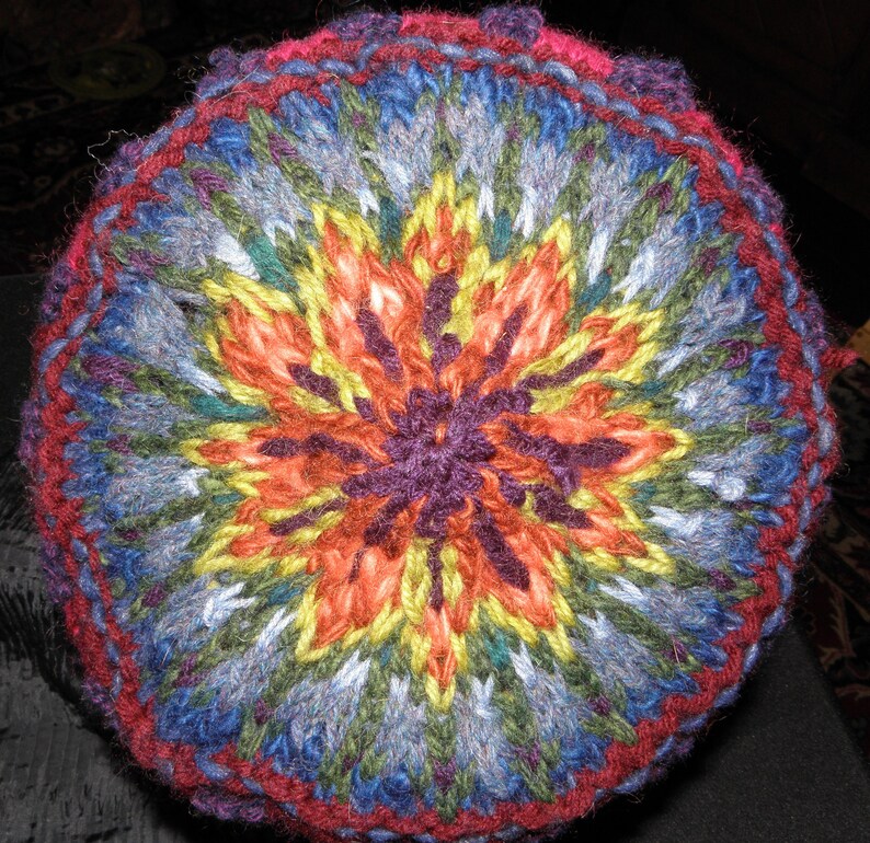 this unusual slouchy star medallion topped wool hat is very original Hand knitted with hand dyed wool FREE shipping in NA