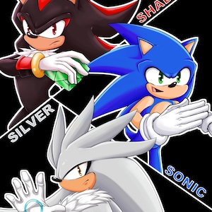 May include: Illustration of three characters from the Sonic the Hedgehog franchise: Shadow, Sonic, and Silver. Shadow is black with red accents, holding a green gem. Sonic is blue. Silver is silver. The background is black with character names.