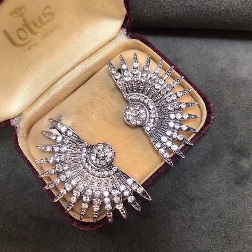 Boucles d'oreilles éventail art déco : cristaux argentés Gatsby Glamour pavés