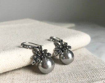 Art Deco Pearl Drop Earrings: Antiqued Silver Crystal Flower, Wedding Jewelry