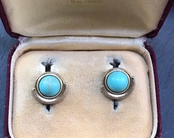 Art Deco Turquoise Stud Earrings: Golden Brass