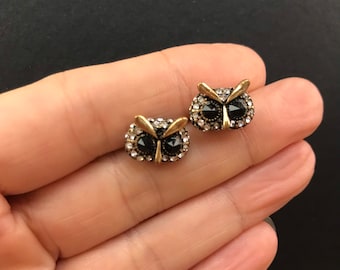 Gold Owl Stud Earrings: Diamonte Crystal Animal Jewelry