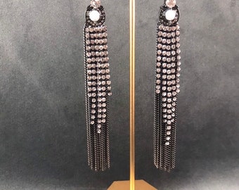 Art Deco Crystal Tassel Earrings: Graphite Silver Wedding Jewelry