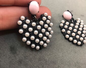 Kitsch Heart Drop Earrings: Black & Pearl Valentines Jewelry