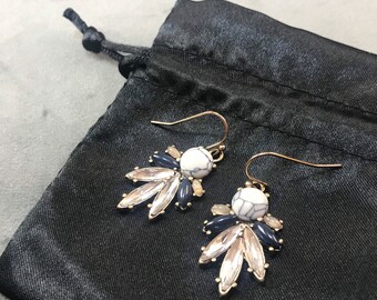 Crystal Flower Earrings: Teal & Clear Floral Brass Earrings