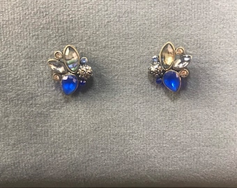 Vintage Flower Earrings: Abalone, Marcasite & Blue Petal Studs
