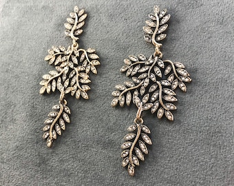 Swarovski Crystal Leaf Earrings: Art Deco Brass Chandelier Earrings
