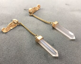 Gold Scarab Wing Quartz Drop Earrings: Boho Jewelry