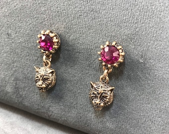 Art Deco Lion Earrings: Ruby Crystal, Gold Finish