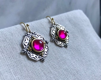 Art Deco Garnet Dangle Earrings: Gold & Silver Plated