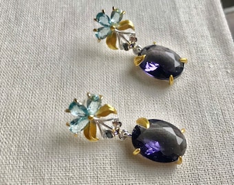 Art Nouveau Amethyst Aquamarine Earrings: 1920s Gatsby Style