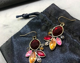Ruby Crystal Flower Earrings: Vintage Floral Brass Dangle Earrings
