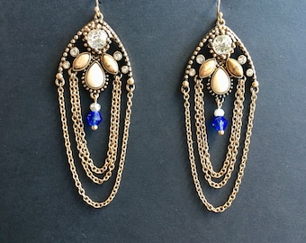 Art Nouveau Dangle Earrings: Sapphire Blue Crystal, Golden Chain