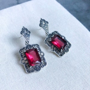 Art deco earrings, Ruby earrings, vintage earrings, antique earrings, silver drop earrings, wedding earrings, filigree earrings,