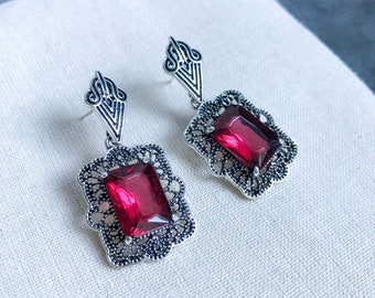 Art Deco Ruby Earrings: Vintage Silver Filigree Drop Earrings