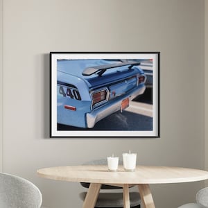 Vintage car photograph retro blue rear car spoiler vertical photo file