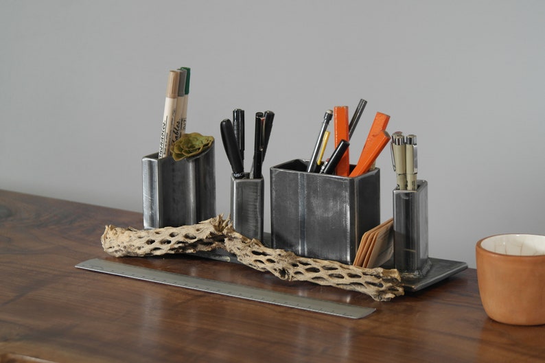 Industrial Metal Desk Organizer Handmade, office gift, gift for boss, office, workspace organizer, pencil holder, desk, MADE IN USA image 2