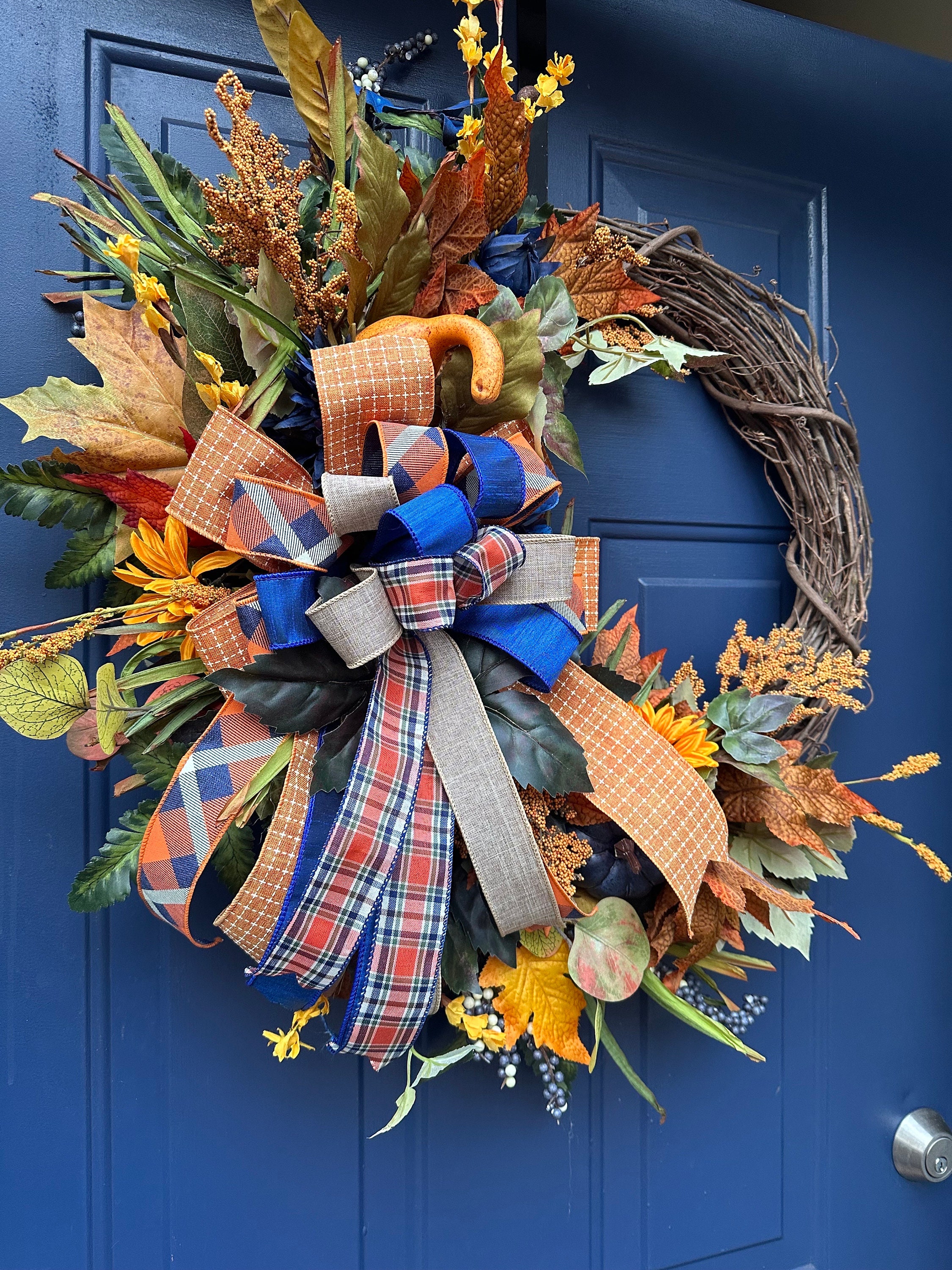 Fall Grapevine Wreath for Front Door: Handmade Bow & Silk Flowers - Etsy