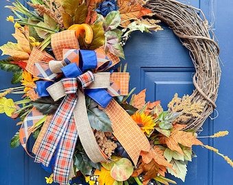 Fall Grapevine Wreath for Front Door: Handmade Bow & Silk Flowers