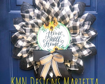 Buffalo Plaid Burlap Wreath: Home Sweet Home Sunflower Door Decor