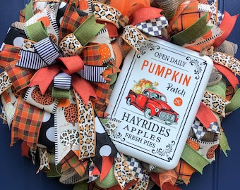 Handmade Pumpkin Wreath: Fall Porch Decor with Vintage Pumpkin Patch Sign