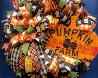 Handmade Fall Wreath: Pumpkin Farm Sign, Thanksgiving Door Decor