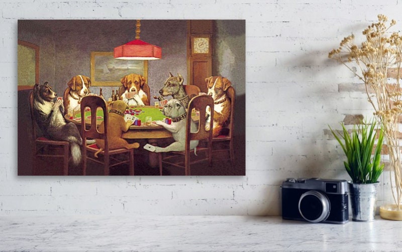 Tapisserie Oreiller « Chiens Jouant Au Poker » Signée - Coton 100% - 16x16 Pouces - Occasion