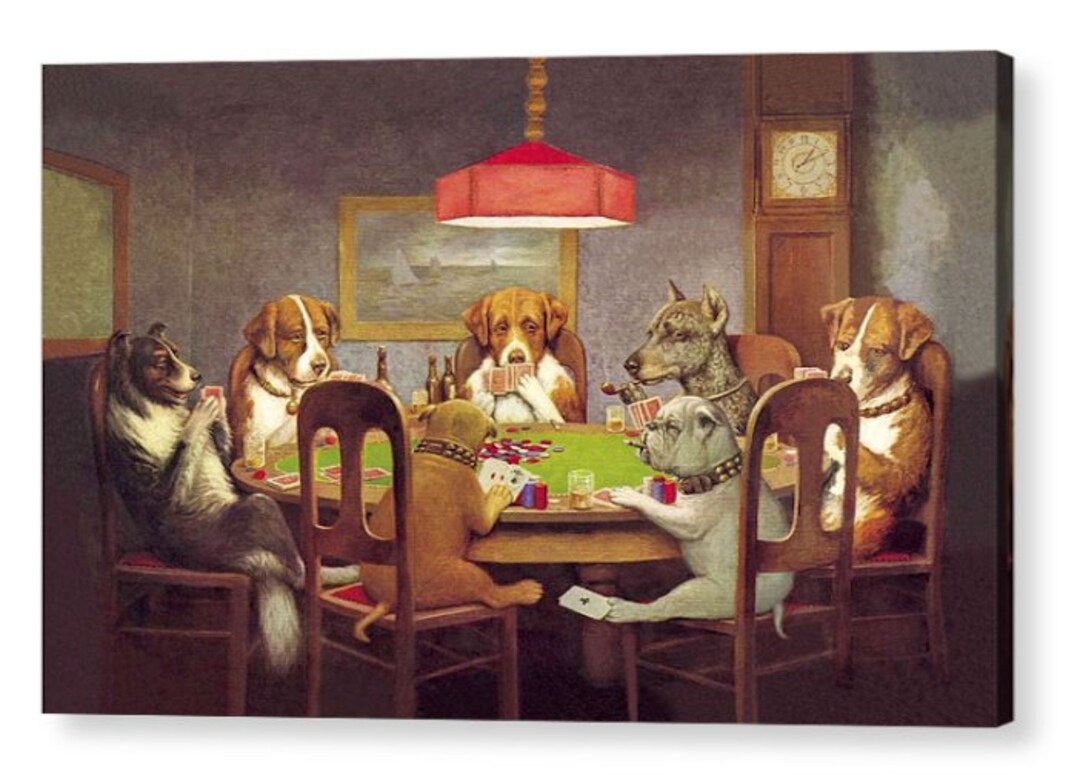 Tapisserie Murale "Chiens Jouant Au Poker" – Coton Tissé 52x36 – Déco Salle De Jeux