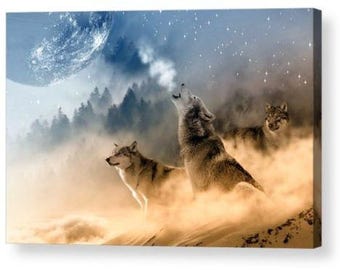 Wolf Howling at The Moon 002 Fantasy Canvas Box Art/ Photo Print A4, A3, A2, A1 ++