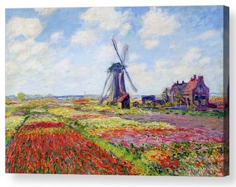 Claude Monet "1886 Fields of Tulip With The Rijnsburg Windmill" Canvas Box Art A4, A3, A2, A1 ++