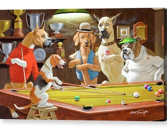 Dogs Playing Pool V2  by Arthur Sarnoff Famous Canvas/ Photo / Fine Art Print A4, A3, A2, A1