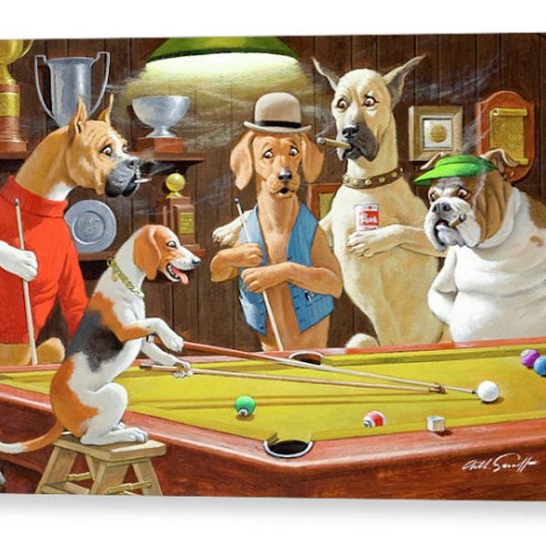 Dogs Playing Pool V2  by Arthur Sarnoff Famous Canvas/ Photo / Fine Art Print A4, A3, A2, A1