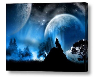 Howling wolf in Moonlight Fantasy Canvas Box Art A4, A3, A2, A1 ++