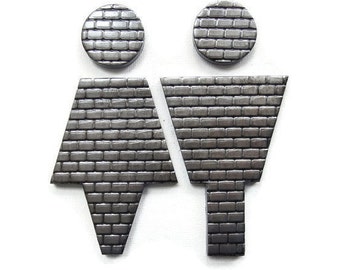 Metallic Restroom Male Female Signs for Industrial Decor, Brick Pattern Restroom Door Sign