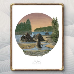 Ruby Beach, kust van Washington — Fine-art gouache-landschapsprint (8×10 in)