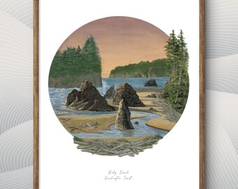 Ruby Beach, côte de l'État de Washington — Impression de paysage gouache d'art (8 x 10 po.)