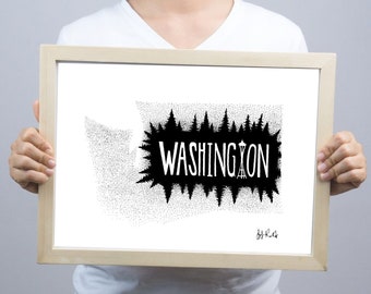 Washington State Illustration - Black and White Modern WA Print, Pointillism - 8.5 x 11 inches