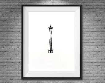 Mini Seattle Space Needle Art Print - Black and White Hand Drawn Wall Art - 8.5 x 11 inches