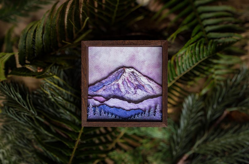 Handcrafted Mount Rainier Diorama, Pacific Northwest Wall Art, Framed 3D Mountain Painting image 1